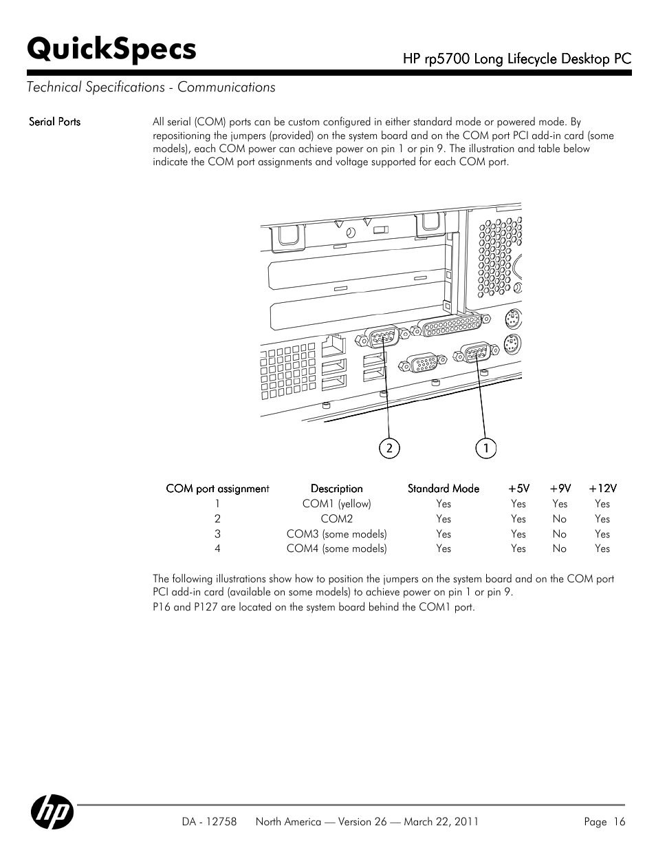 Technical specifications - communications, Quickspecs | HP rp5700 User Manual | Page 16 / 38