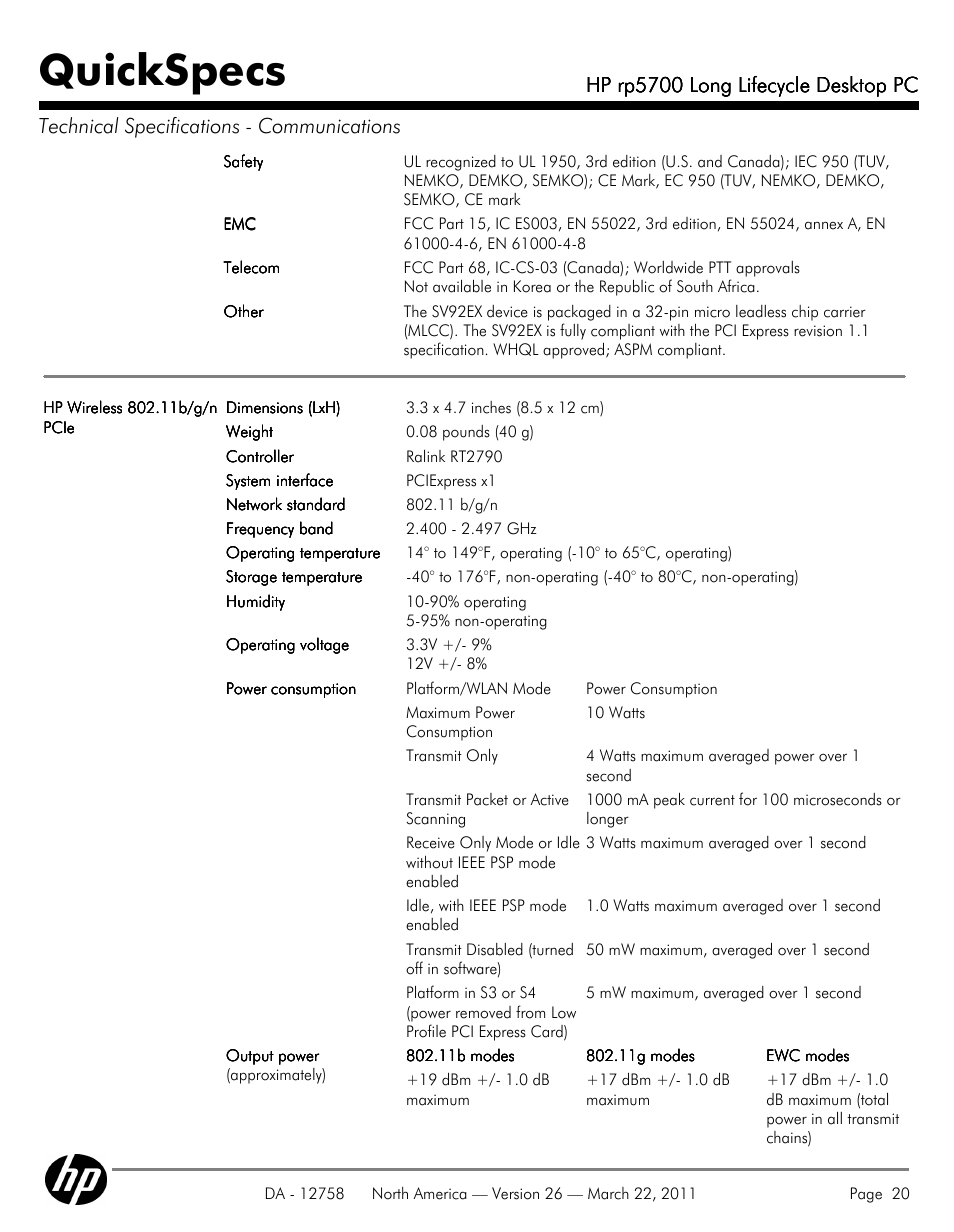 Quickspecs, Hp rp5700 long lifecycle desktop pc | HP rp5700 User Manual | Page 20 / 38