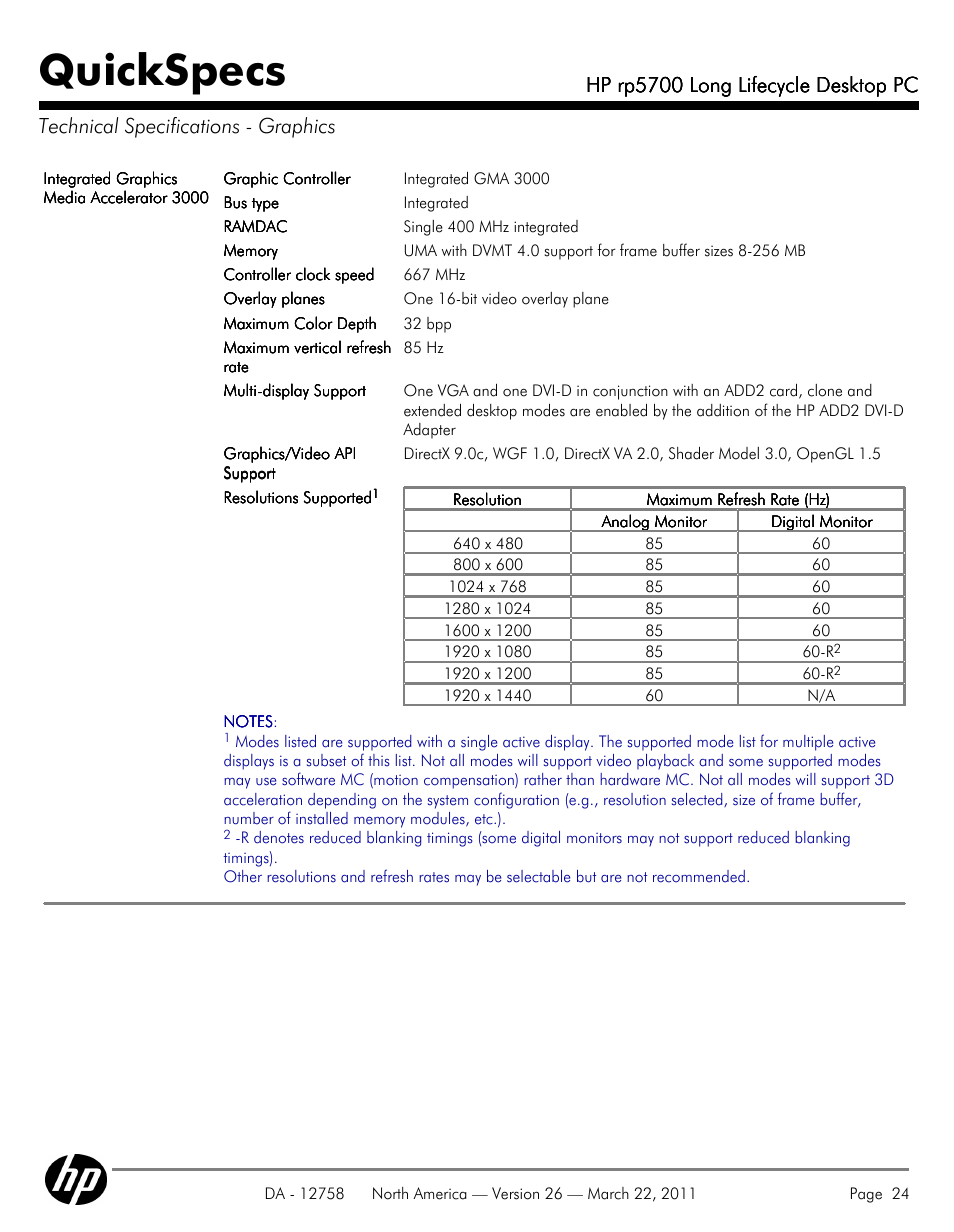 Technical specifications - graphics, Quickspecs, Hp rp5700 long lifecycle desktop pc | HP rp5700 User Manual | Page 24 / 38