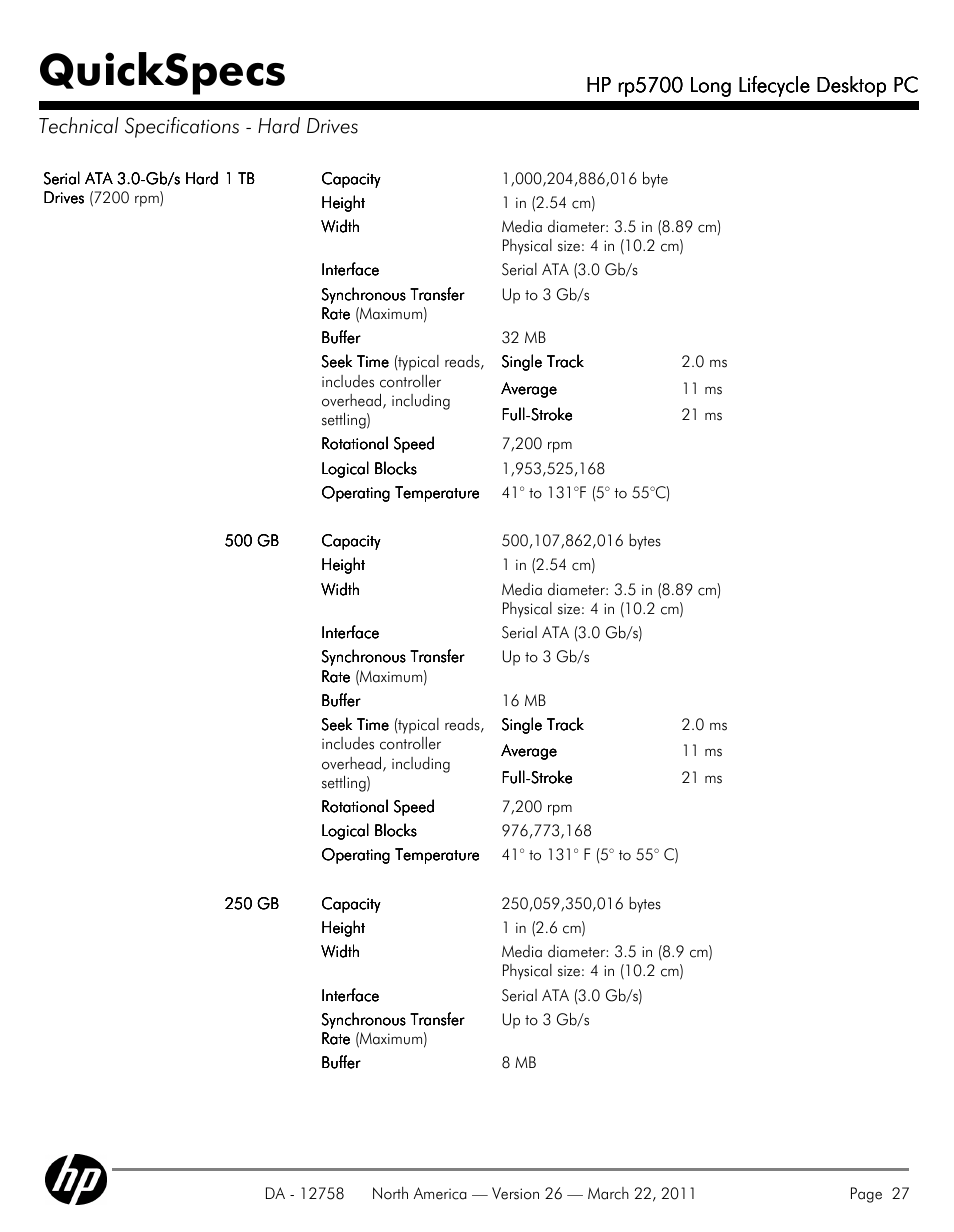 Technical specifications - hard drives, Quickspecs, Hp rp5700 long lifecycle desktop pc | HP rp5700 User Manual | Page 27 / 38