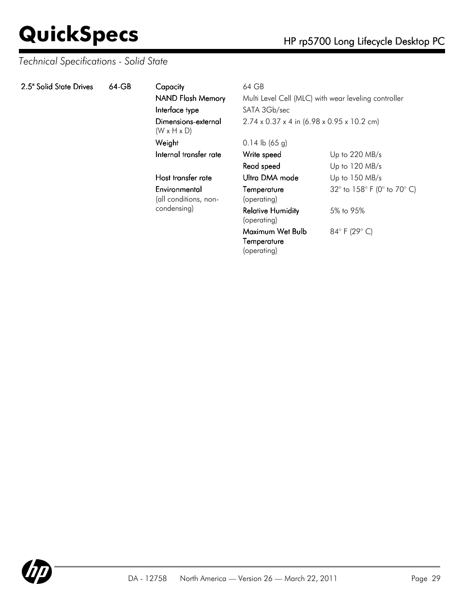 Technical specifications - solid state, Quickspecs, Hp rp5700 long lifecycle desktop pc | HP rp5700 User Manual | Page 29 / 38