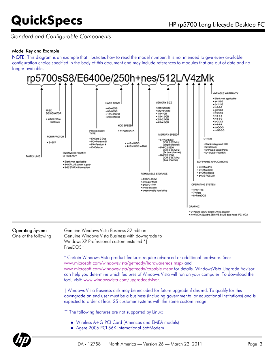Standard and configurable components, Quickspecs | HP rp5700 User Manual | Page 3 / 38