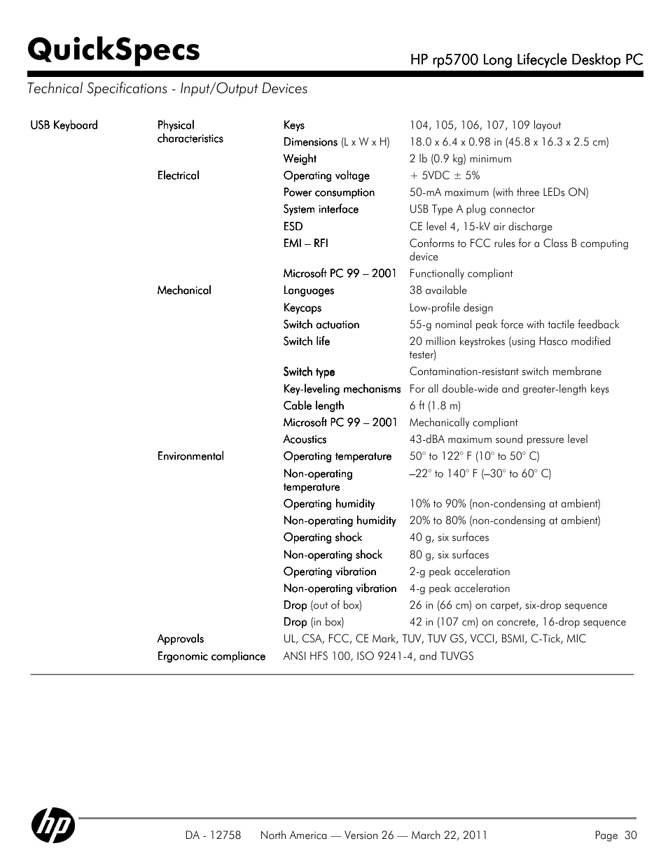 Technical specifications - input/output devices, Quickspecs, Hp rp5700 long lifecycle desktop pc | HP rp5700 User Manual | Page 30 / 38