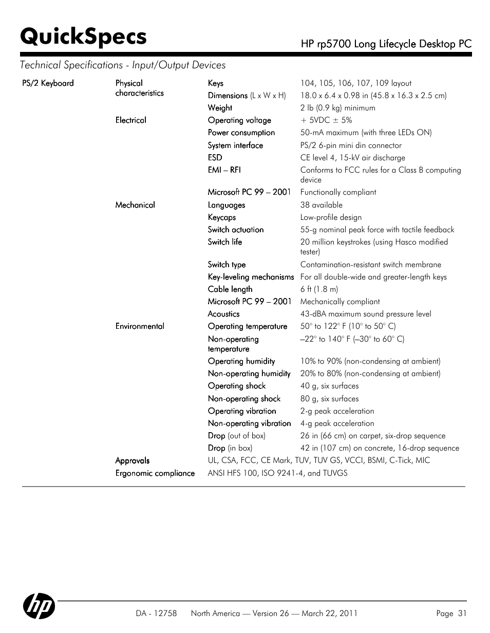 Quickspecs, Hp rp5700 long lifecycle desktop pc | HP rp5700 User Manual | Page 31 / 38