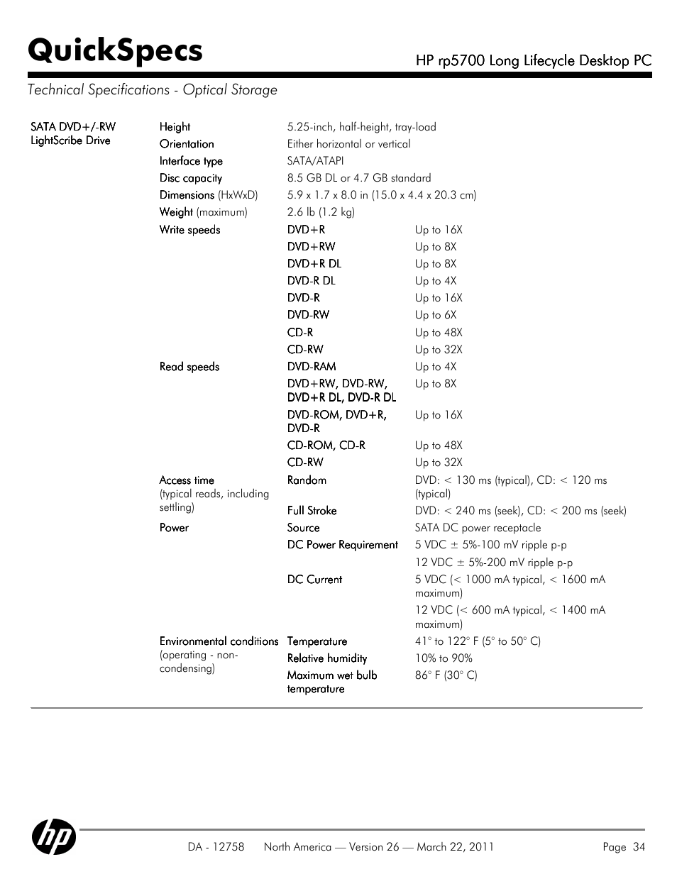 Technical specifications - optical storage, Quickspecs, Hp rp5700 long lifecycle desktop pc | HP rp5700 User Manual | Page 34 / 38