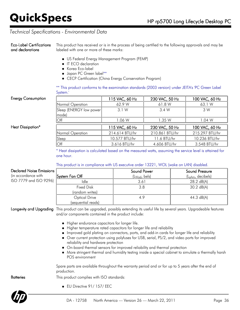 Technical specifications - environmental data, Quickspecs, Hp rp5700 long lifecycle desktop pc | HP rp5700 User Manual | Page 36 / 38