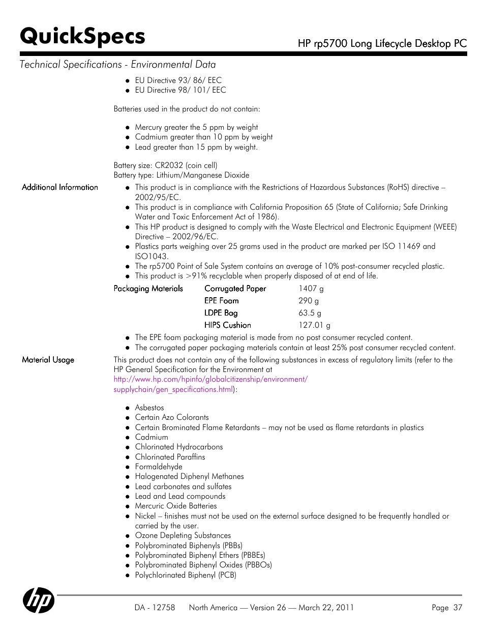 Quickspecs | HP rp5700 User Manual | Page 37 / 38