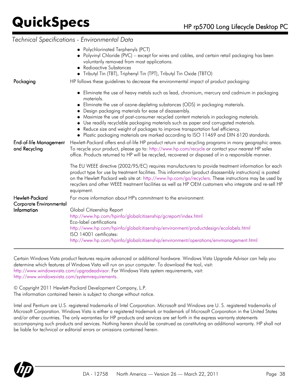 Quickspecs | HP rp5700 User Manual | Page 38 / 38
