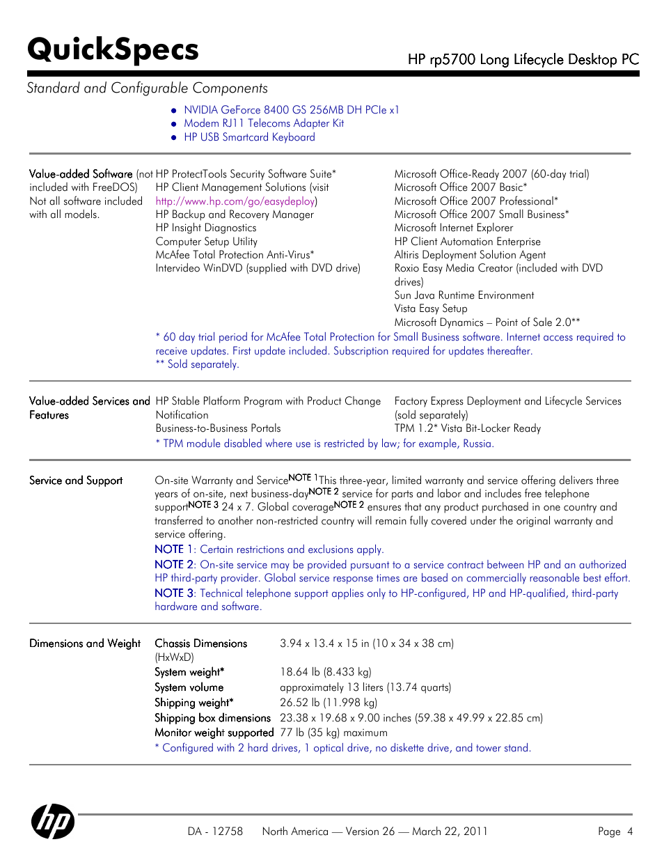 Quickspecs, Hp rp5700 long lifecycle desktop pc | HP rp5700 User Manual | Page 4 / 38