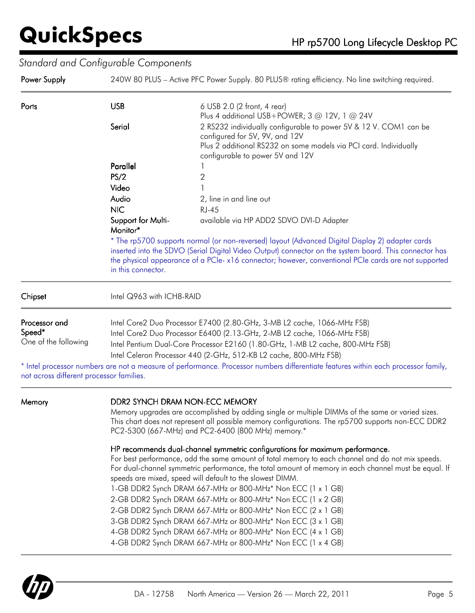 Quickspecs, Hp rp5700 long lifecycle desktop pc | HP rp5700 User Manual | Page 5 / 38