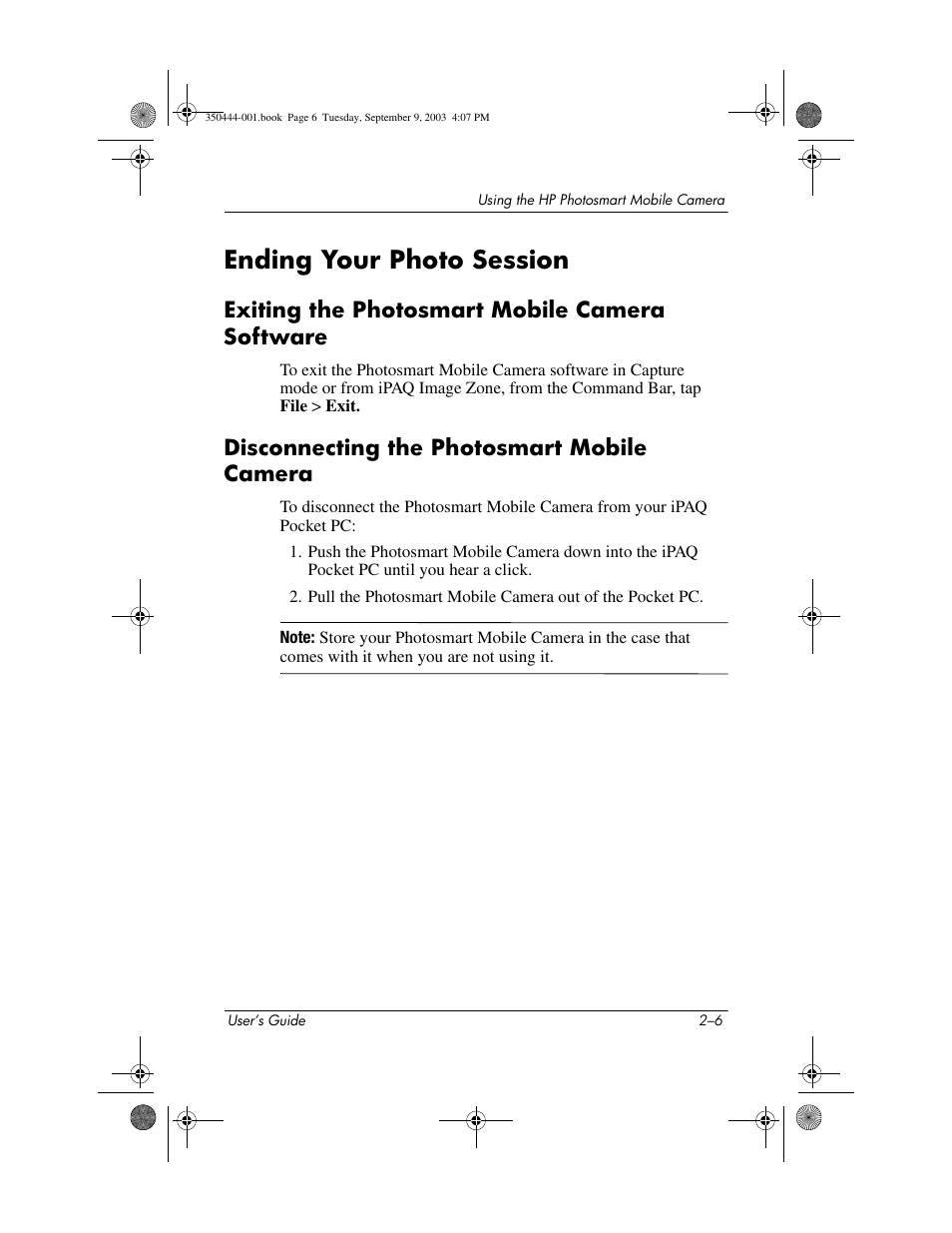 Ending your photo session, Exiting the photosmart mobile camera software, Disconnecting the photosmart mobile camera | Ending your photo session –6 | HP PhotoSmart User Manual | Page 12 / 25