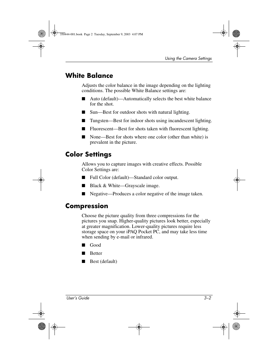 White balance, Color settings, Compression | White balance –2 color settings –2 compression –2 | HP PhotoSmart User Manual | Page 14 / 25