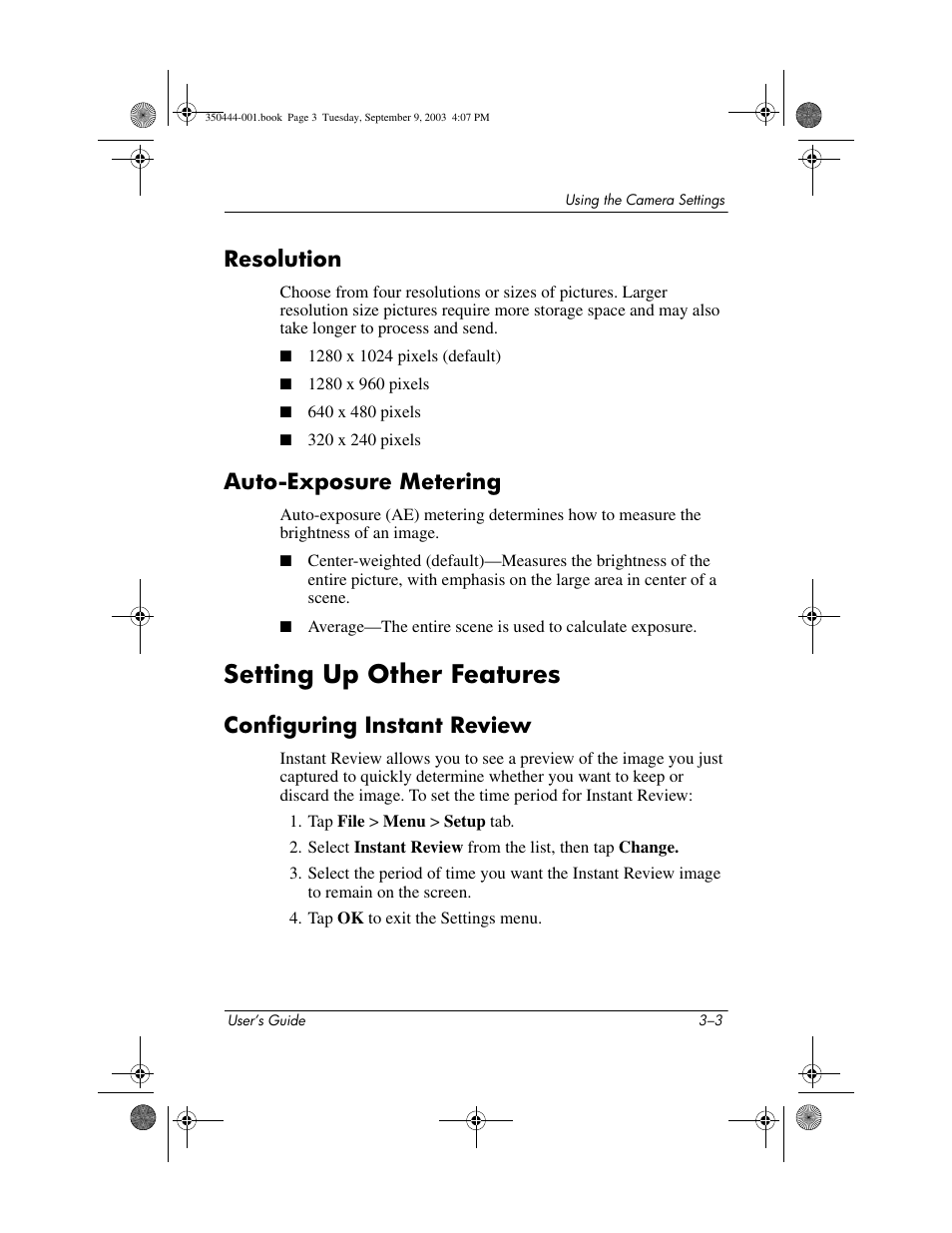 Resolution, Auto-exposure metering, Setting up other features | Configuring instant review, Resolution –3 auto-exposure metering –3, Setting up other features –3, Configuring instant review –3 | HP PhotoSmart User Manual | Page 15 / 25