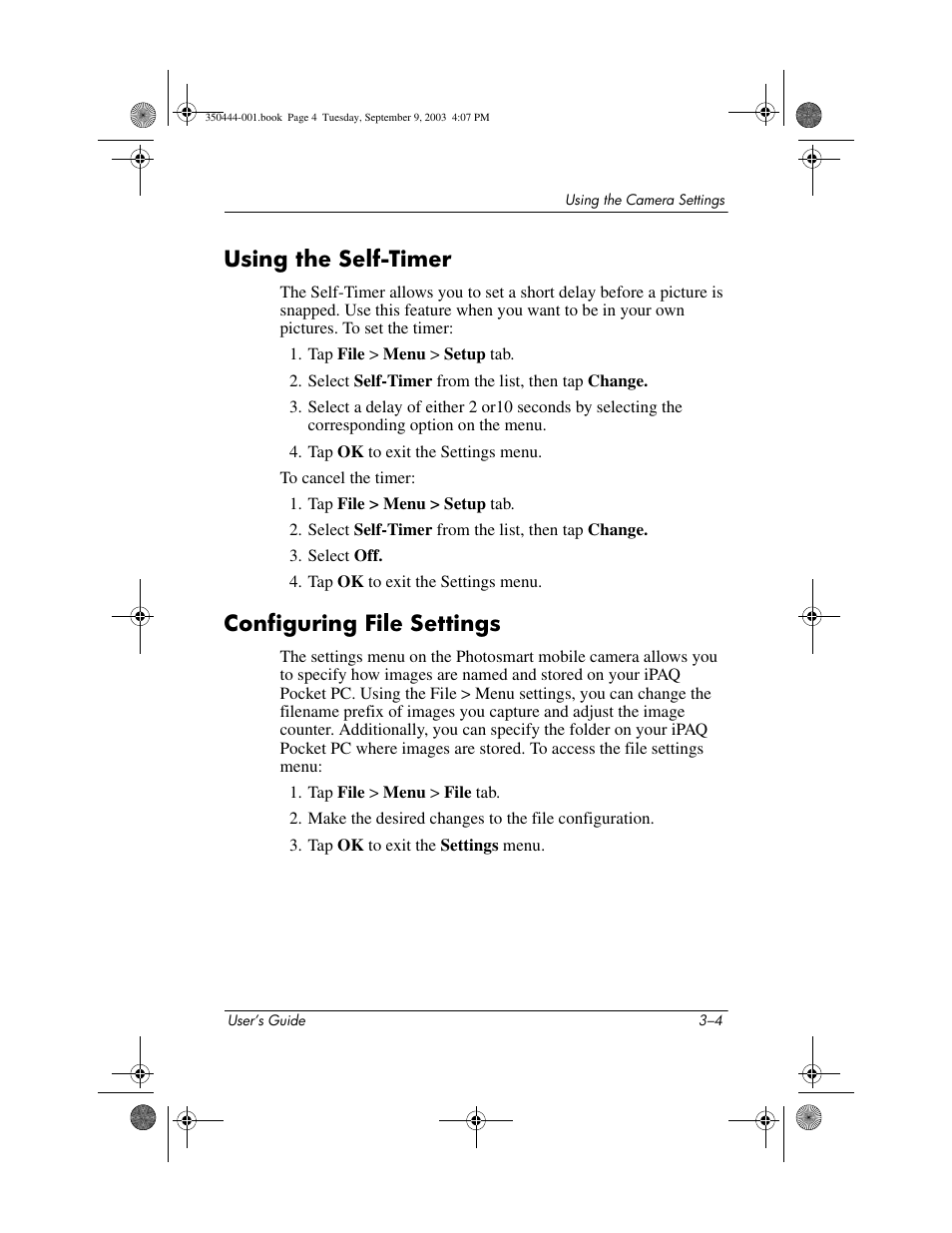 Using the self-timer, Configuring file settings | HP PhotoSmart User Manual | Page 16 / 25