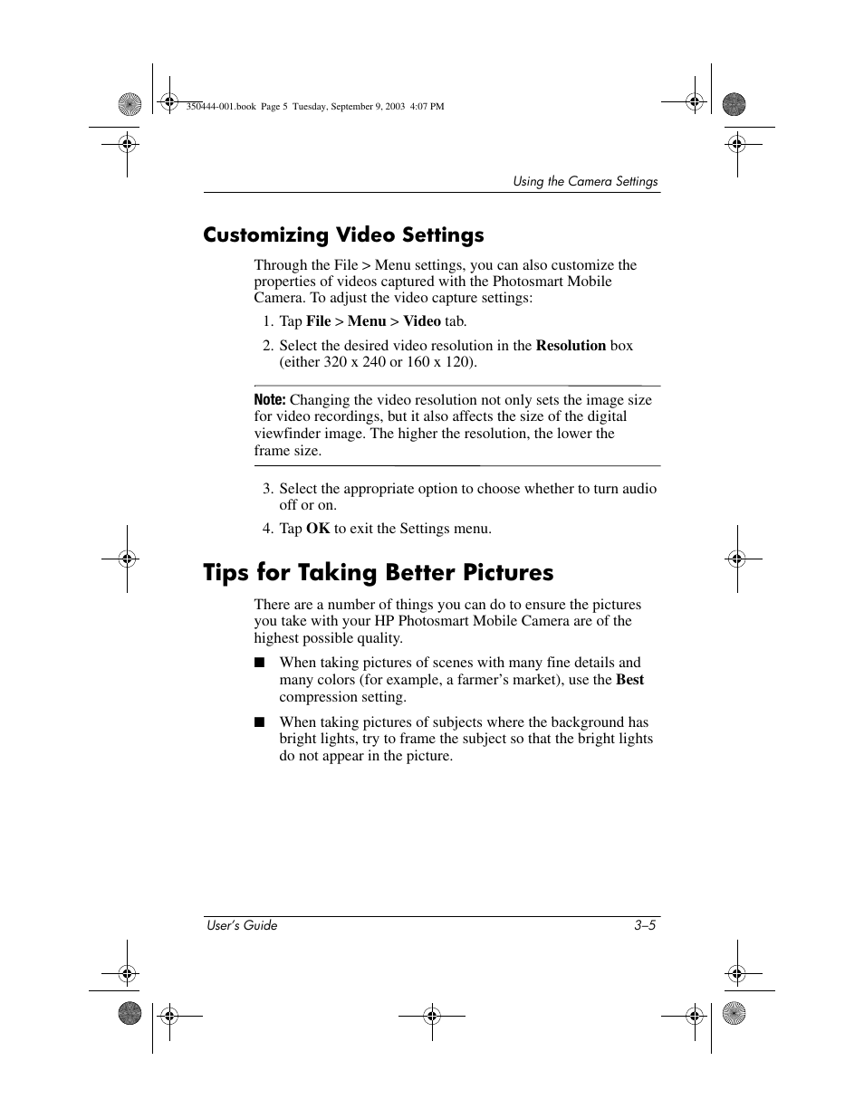 Customizing video settings, Tips for taking better pictures, Customizing video settings –5 | Tips for taking better pictures –5 | HP PhotoSmart User Manual | Page 17 / 25