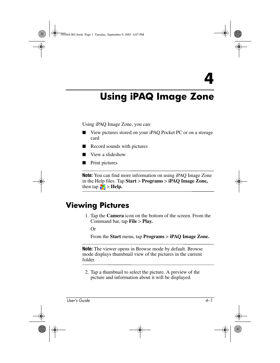 Using ipaq image zone, Viewing pictures, 4 using ipaq image zone | Viewing pictures –1 | HP PhotoSmart User Manual | Page 19 / 25