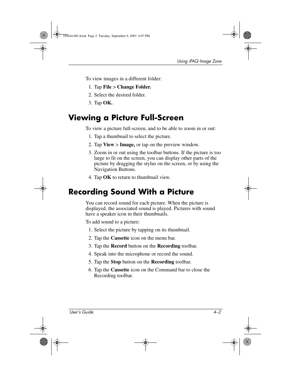 Viewing a picture full-screen, Recording sound with a picture | HP PhotoSmart User Manual | Page 20 / 25