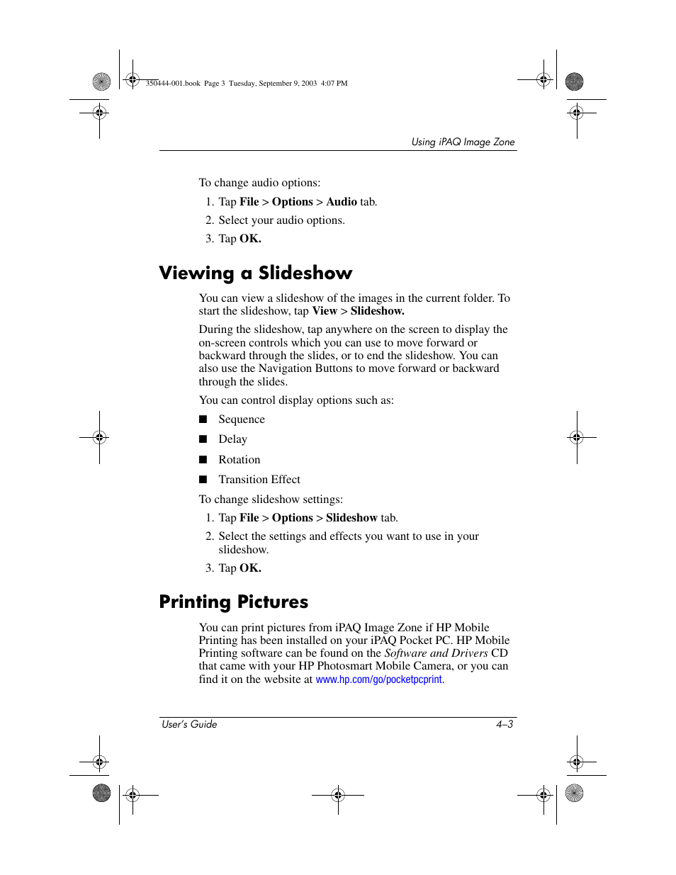 Viewing a slideshow, Printing pictures, Viewing a slideshow –3 printing pictures –3 | HP PhotoSmart User Manual | Page 21 / 25