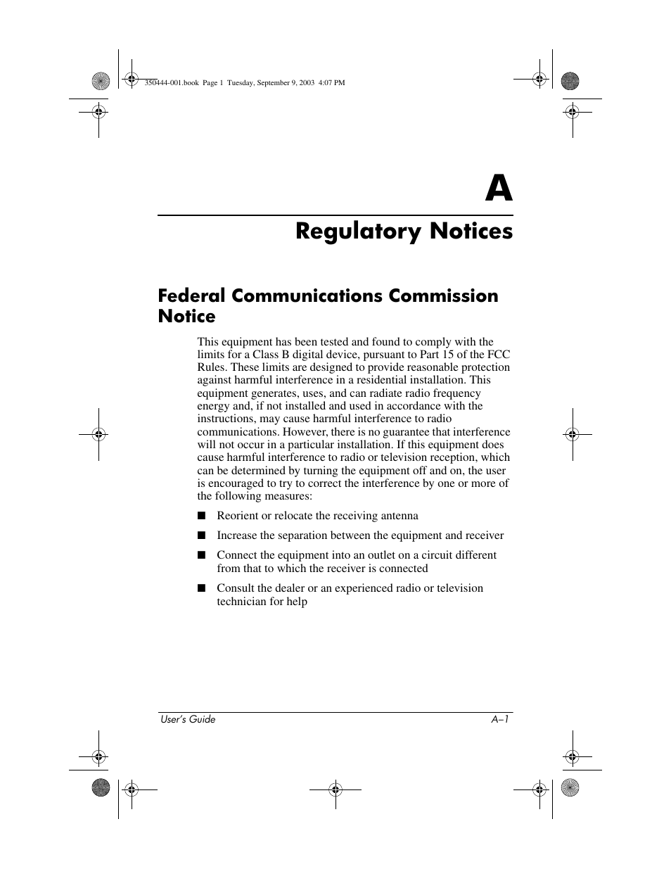 Regulatory notices, Federal communications commission notice, A regulatory notices | HP PhotoSmart User Manual | Page 23 / 25