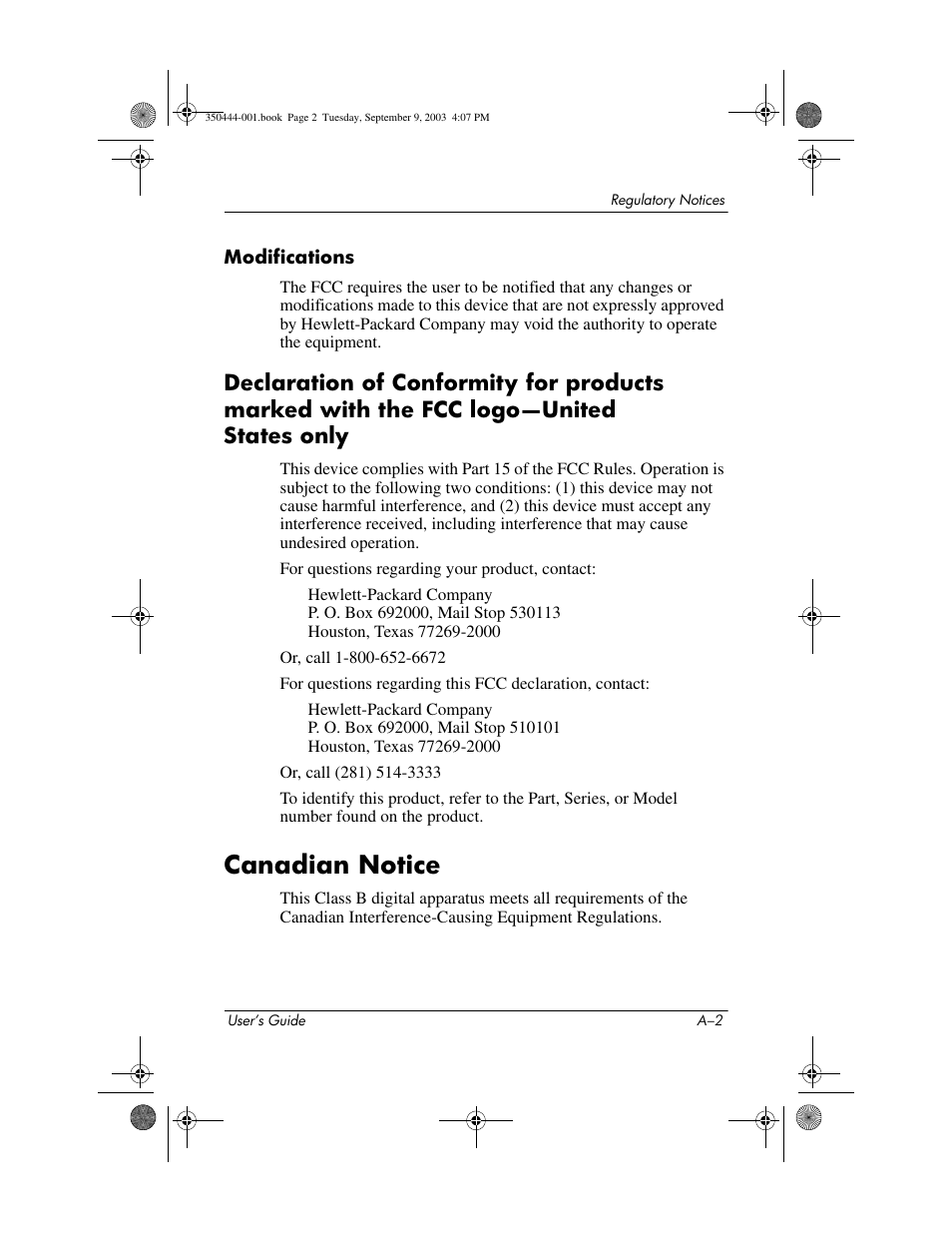 Modifications, Canadian notice | HP PhotoSmart User Manual | Page 24 / 25