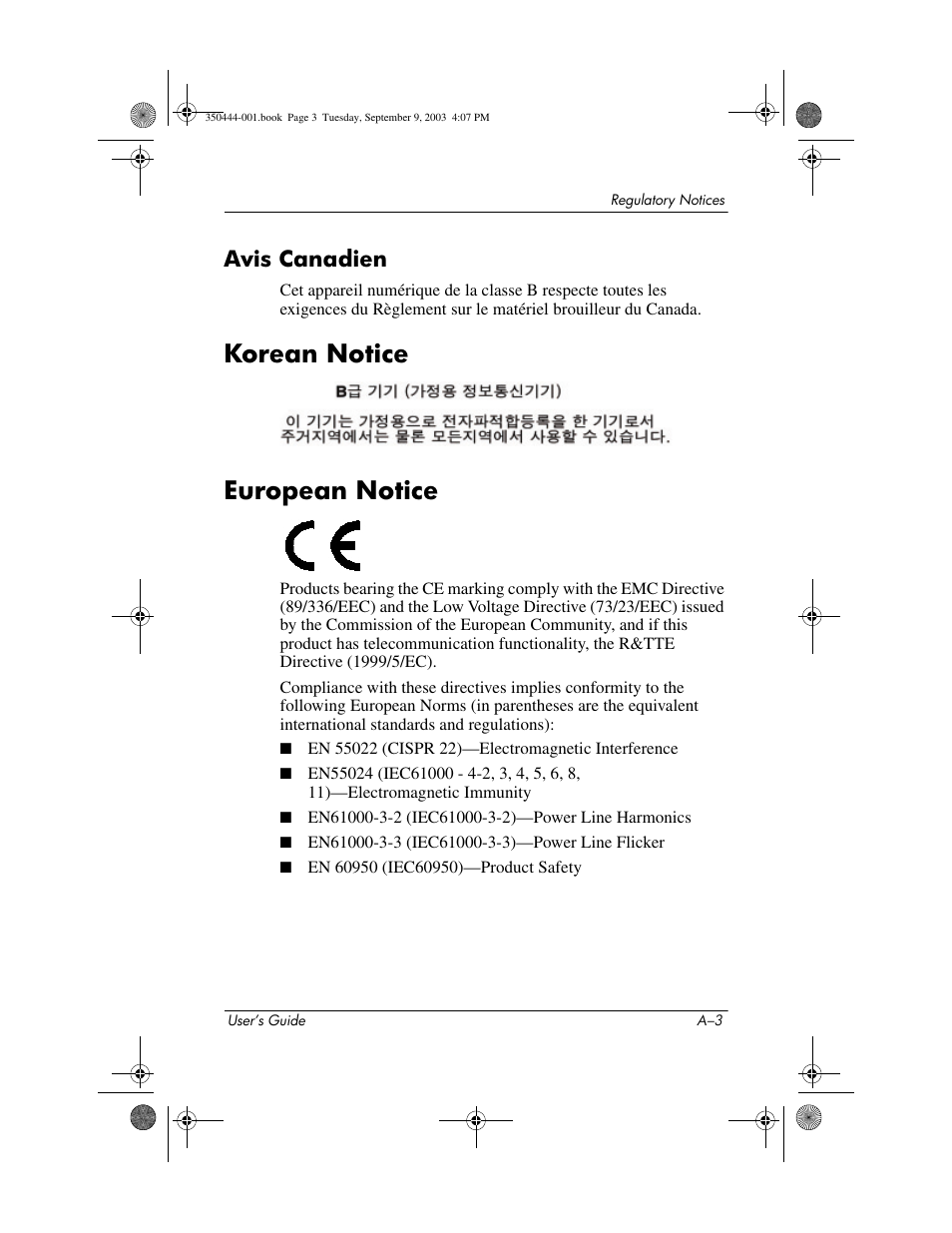 Avis canadien, Korean notice, European notice | Korean notice european notice | HP PhotoSmart User Manual | Page 25 / 25