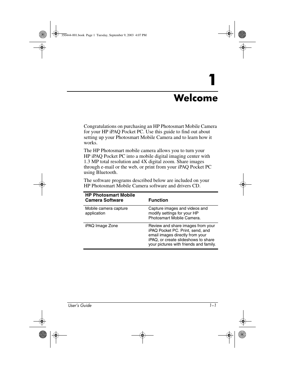 Welcome, 1 welcome | HP PhotoSmart User Manual | Page 5 / 25