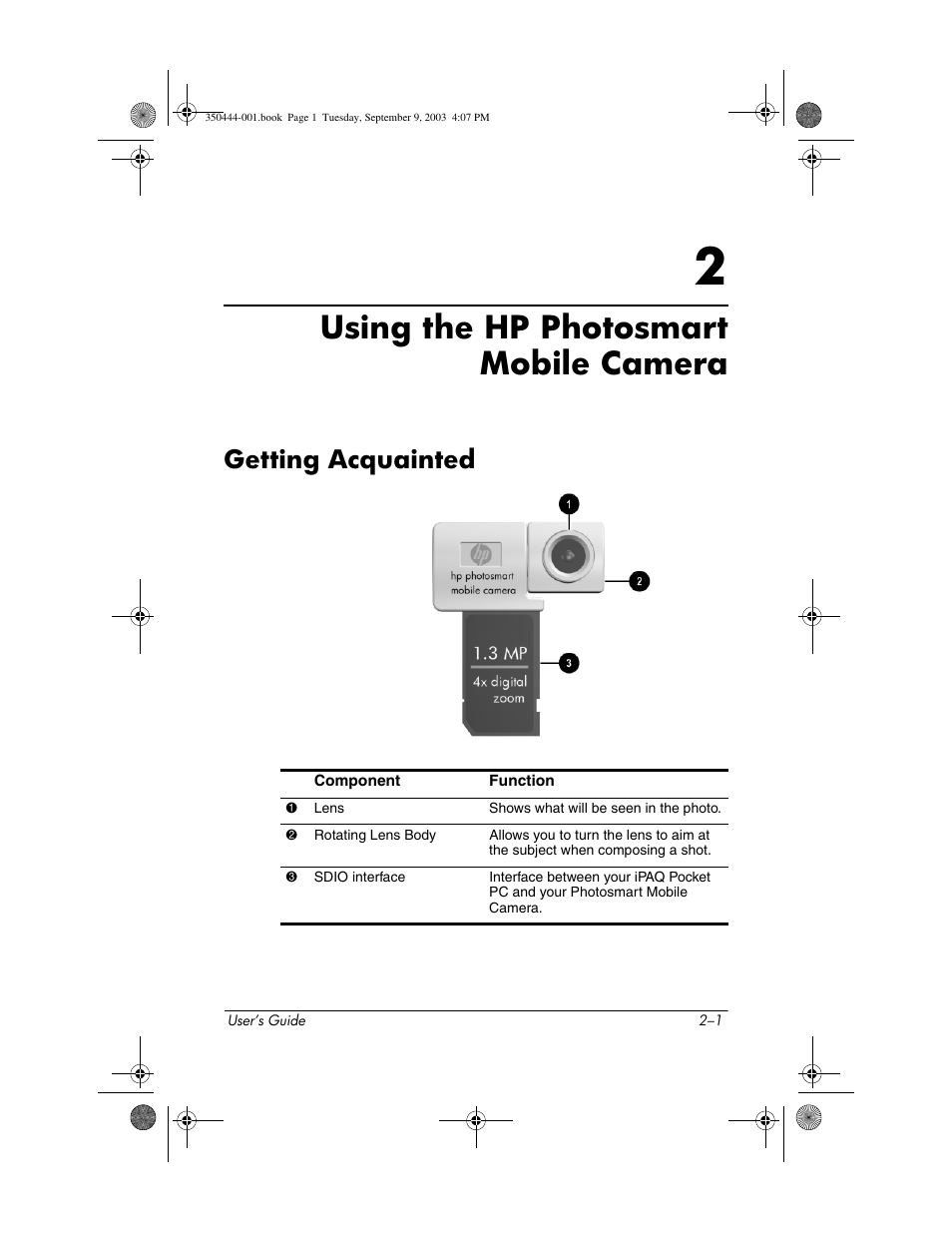 Using the hp photosmart mobile camera, Getting acquainted, 2 using the hp photosmart mobile camera | Getting acquainted –1 | HP PhotoSmart User Manual | Page 7 / 25