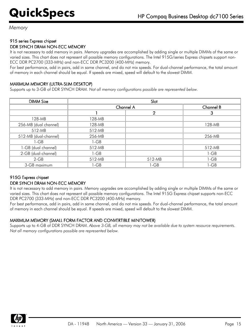 Memory, Quickspecs, Hp compaq business desktop dc7100 series | HP dc7100 User Manual | Page 15 / 49