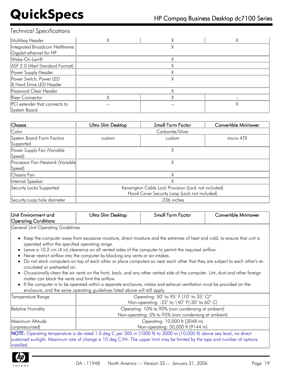 Quickspecs, Hp compaq business desktop dc7100 series | HP dc7100 User Manual | Page 19 / 49
