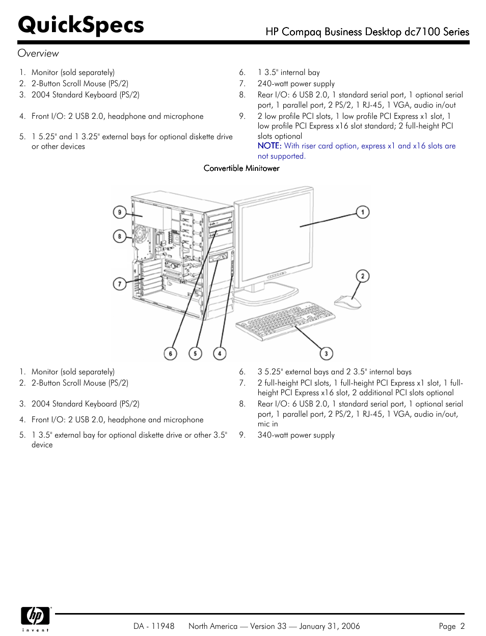Quickspecs, Hp compaq business desktop dc7100 series, Hp compaq business desktop dc7100 series overview | HP dc7100 User Manual | Page 2 / 49