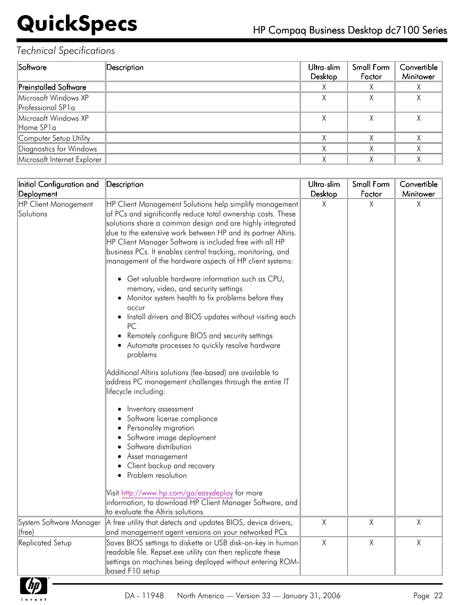 Quickspecs, Hp compaq business desktop dc7100 series | HP dc7100 User Manual | Page 22 / 49