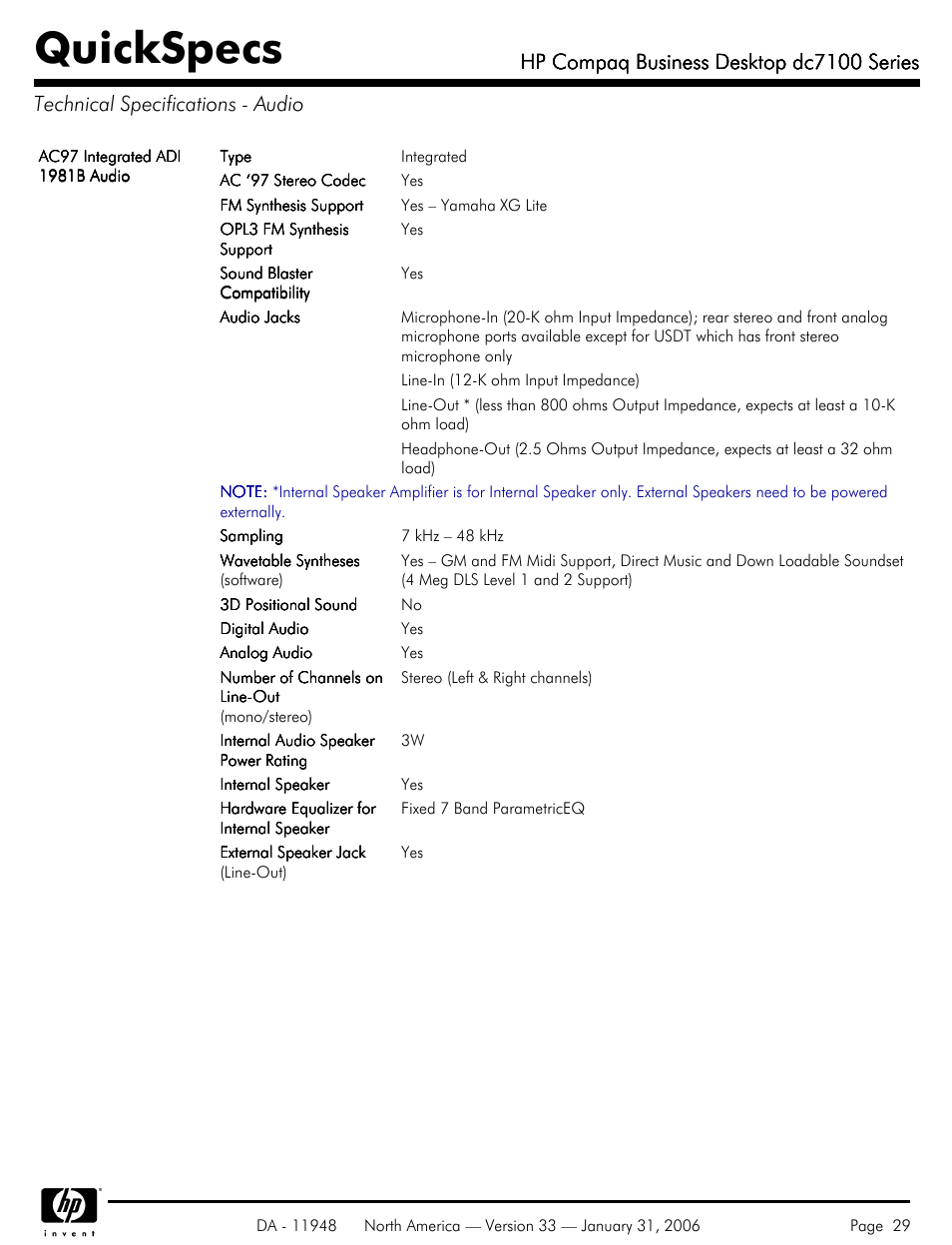 Technical specifications - audio, Quickspecs, Hp compaq business desktop dc7100 series | HP dc7100 User Manual | Page 29 / 49
