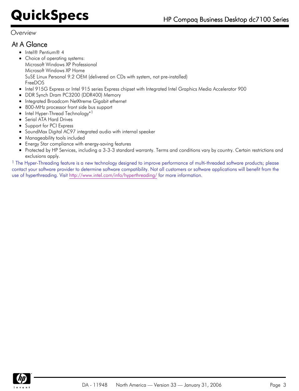 Quickspecs | HP dc7100 User Manual | Page 3 / 49