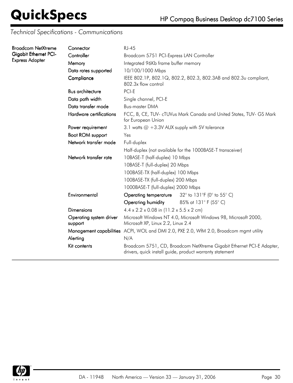 Technical specifications - communications, Quickspecs, Hp compaq business desktop dc7100 series | HP dc7100 User Manual | Page 30 / 49