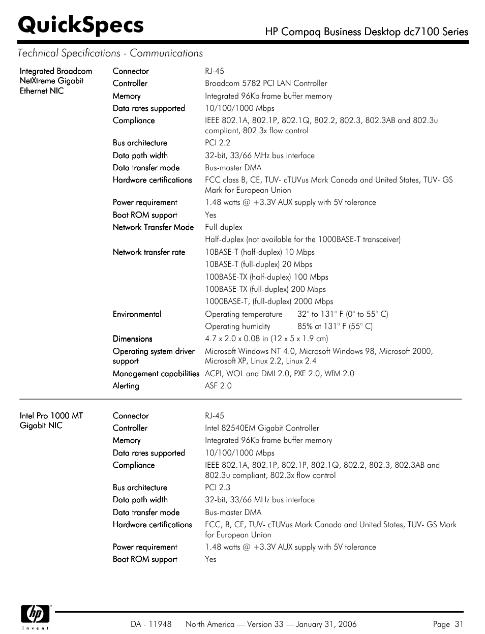 Quickspecs, Hp compaq business desktop dc7100 series | HP dc7100 User Manual | Page 31 / 49