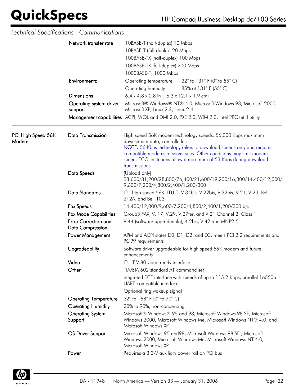 Quickspecs, Hp compaq business desktop dc7100 series | HP dc7100 User Manual | Page 32 / 49