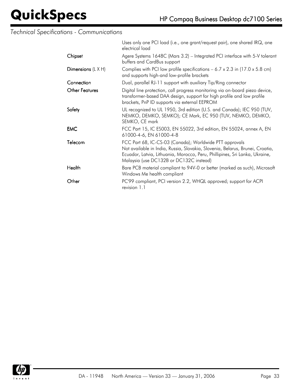 Quickspecs, Hp compaq business desktop dc7100 series | HP dc7100 User Manual | Page 33 / 49
