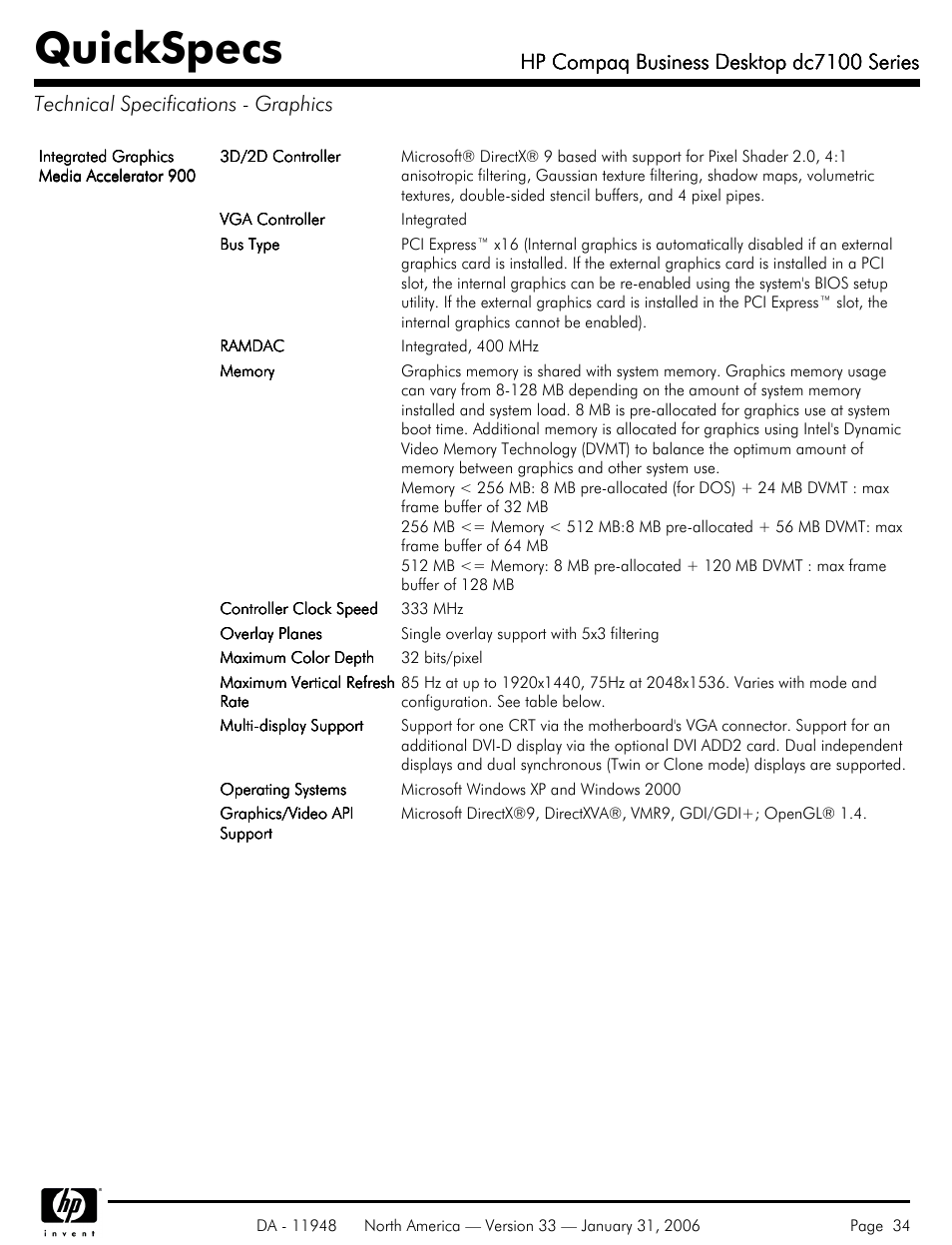 Technical specifications - graphics, Quickspecs, Hp compaq business desktop dc7100 series | HP dc7100 User Manual | Page 34 / 49