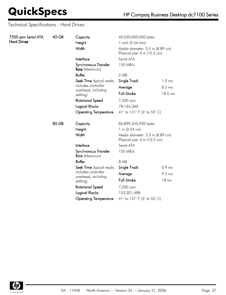 Technical specifications - hard drives, Quickspecs, Hp compaq business desktop dc7100 series | HP dc7100 User Manual | Page 37 / 49