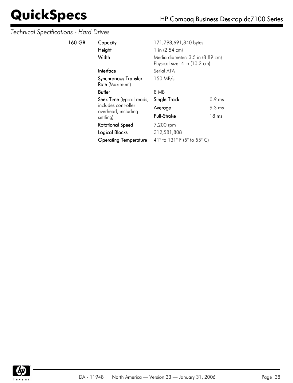 Quickspecs, Hp compaq business desktop dc7100 series | HP dc7100 User Manual | Page 38 / 49