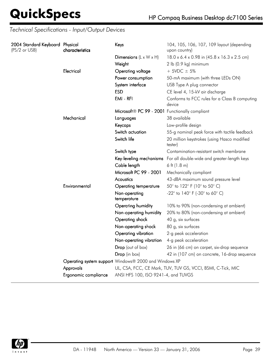 Technical specifications - input/output devices, Quickspecs, Hp compaq business desktop dc7100 series | HP dc7100 User Manual | Page 39 / 49