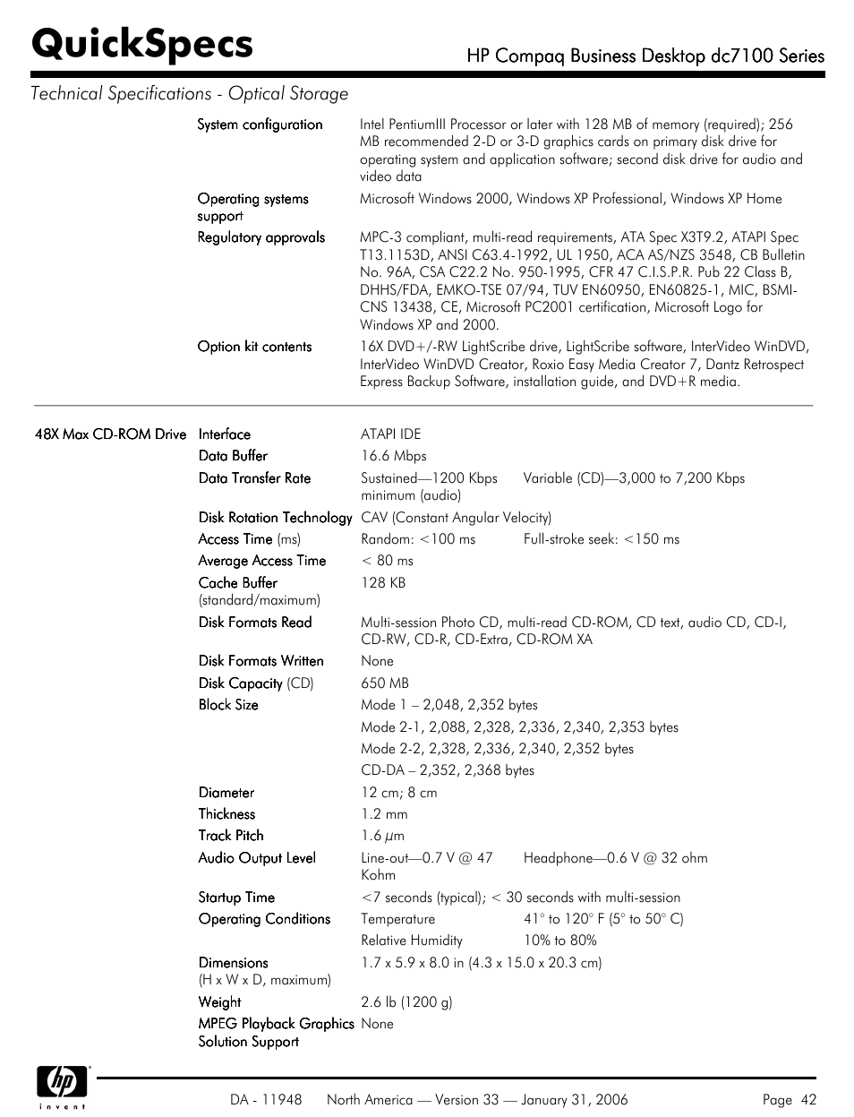 Quickspecs, Hp compaq business desktop dc7100 series | HP dc7100 User Manual | Page 42 / 49