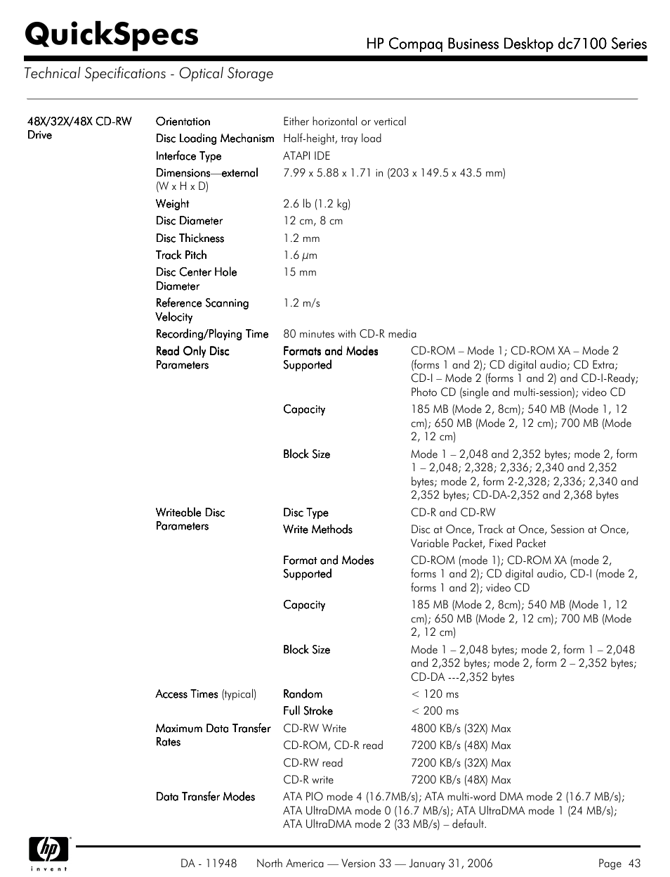 Quickspecs, Hp compaq business desktop dc7100 series | HP dc7100 User Manual | Page 43 / 49