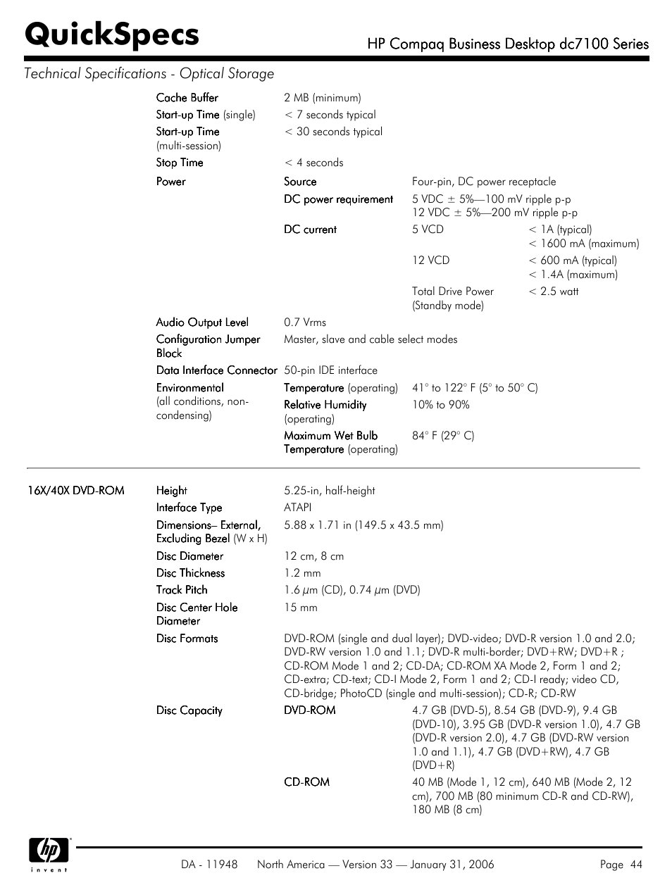 Quickspecs, Hp compaq business desktop dc7100 series | HP dc7100 User Manual | Page 44 / 49
