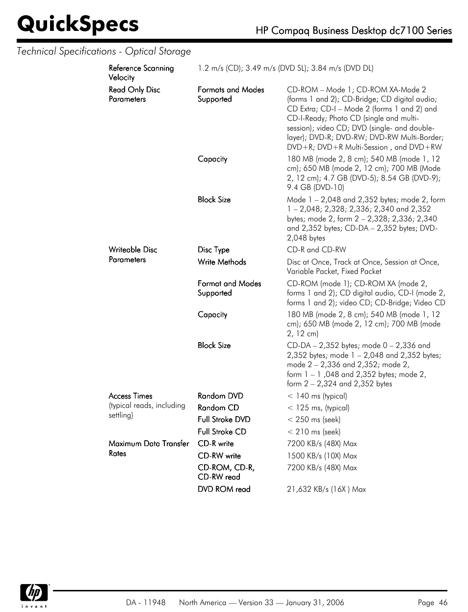 Quickspecs, Hp compaq business desktop dc7100 series | HP dc7100 User Manual | Page 46 / 49