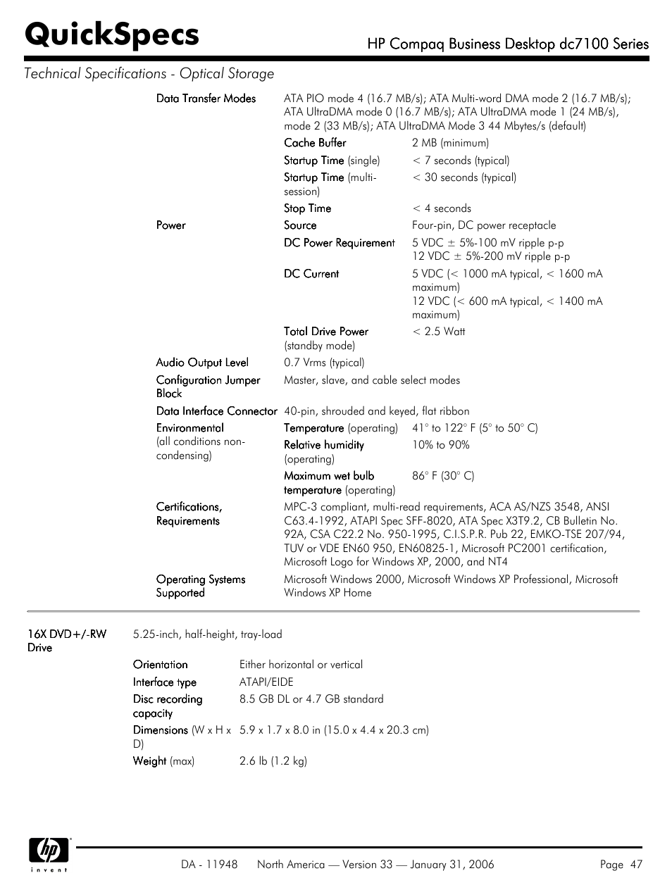Quickspecs, Hp compaq business desktop dc7100 series | HP dc7100 User Manual | Page 47 / 49