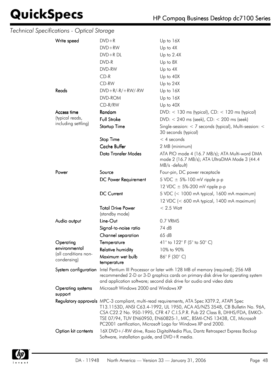 Quickspecs, Hp compaq business desktop dc7100 series | HP dc7100 User Manual | Page 48 / 49