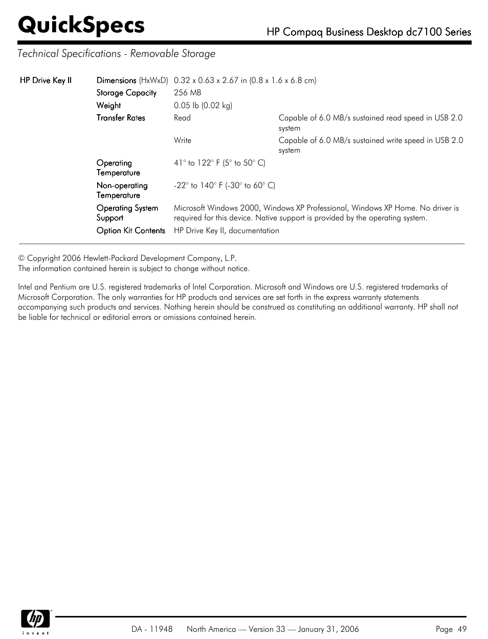 Technical specifications - removable storage, Quickspecs, Hp compaq business desktop dc7100 series | HP dc7100 User Manual | Page 49 / 49