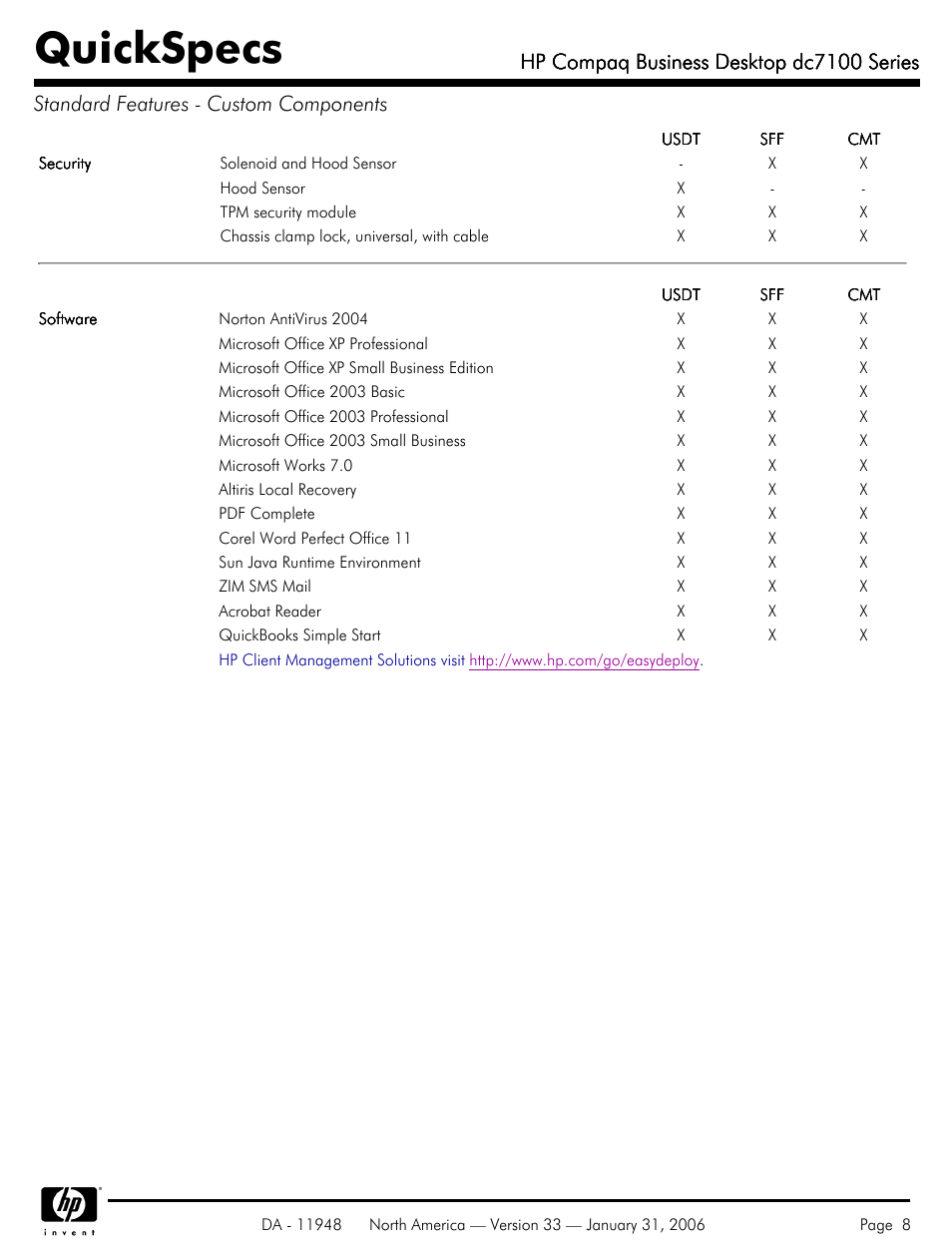 Quickspecs, Hp compaq business desktop dc7100 series | HP dc7100 User Manual | Page 8 / 49