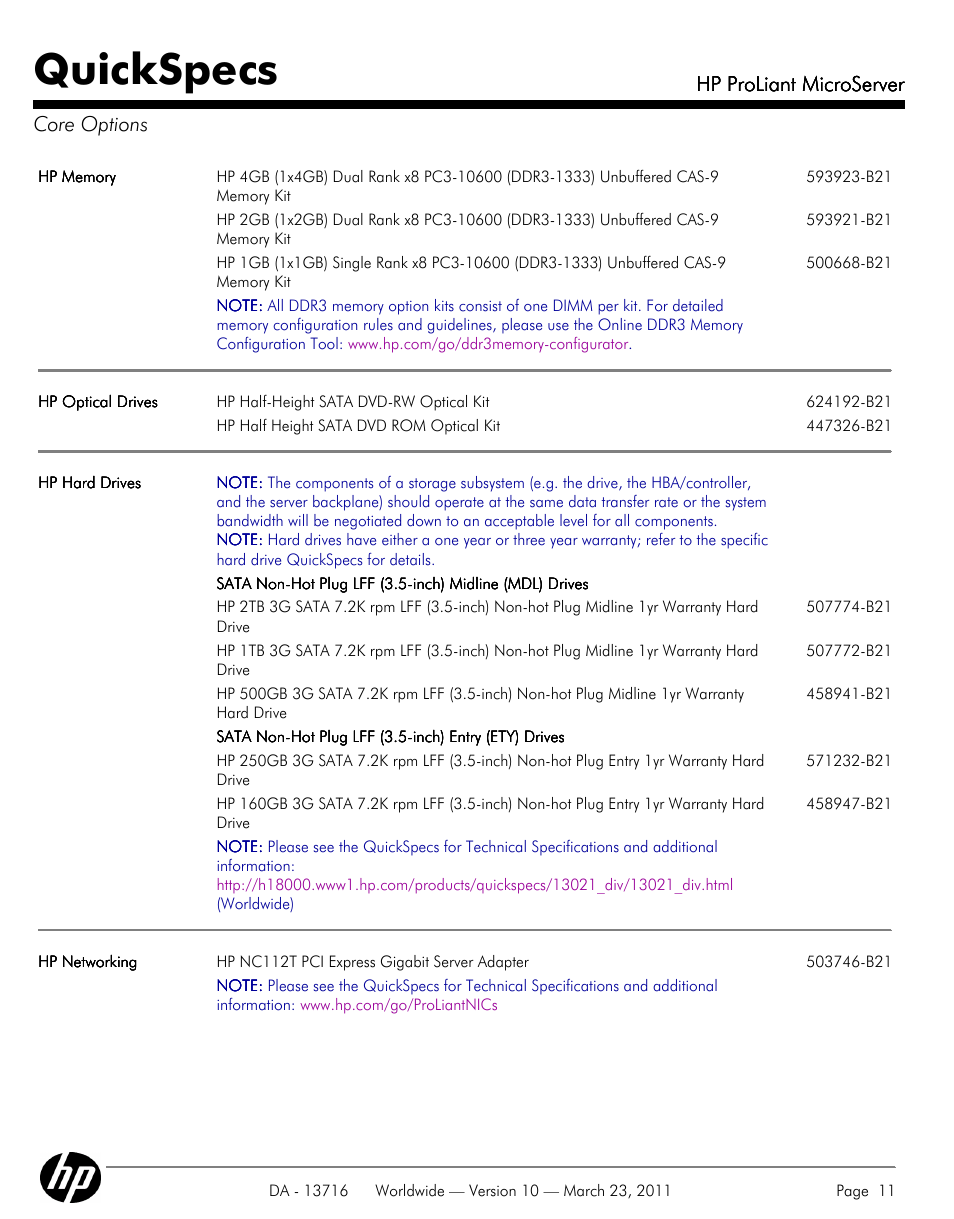 Core options, Quickspecs, Hp proliant microserver | Hp proliant microserver core options | HP PROLIANT DA - 13716 User Manual | Page 11 / 22